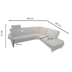 Arco Ecksofas|Ecksofa Chronos Stoff Medusa Rauchblau Grau Blau Metallfuß M01 Poliert Armlehne Klappbar Inklusive Kopfstütze