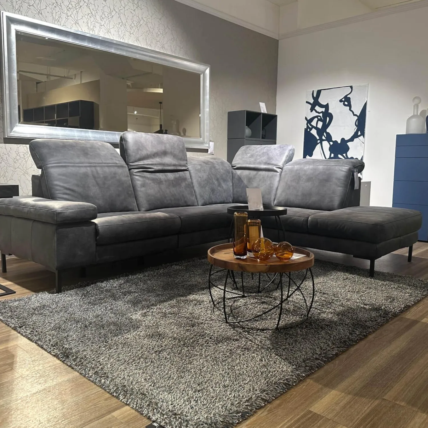 Paul Lindberg Ecksofas|Ecksofa Deno PL Leder W9 Schwarz Füße Metall Schwarz Mit Relaxmotor