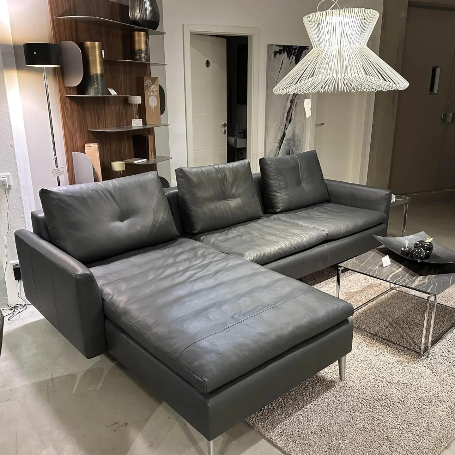 Artanova Ecksofas|Ecksofa Dyo Leder L3162G Silky Grau Fuß Aluminium Matt Gebürstet Mit Wendekissen
