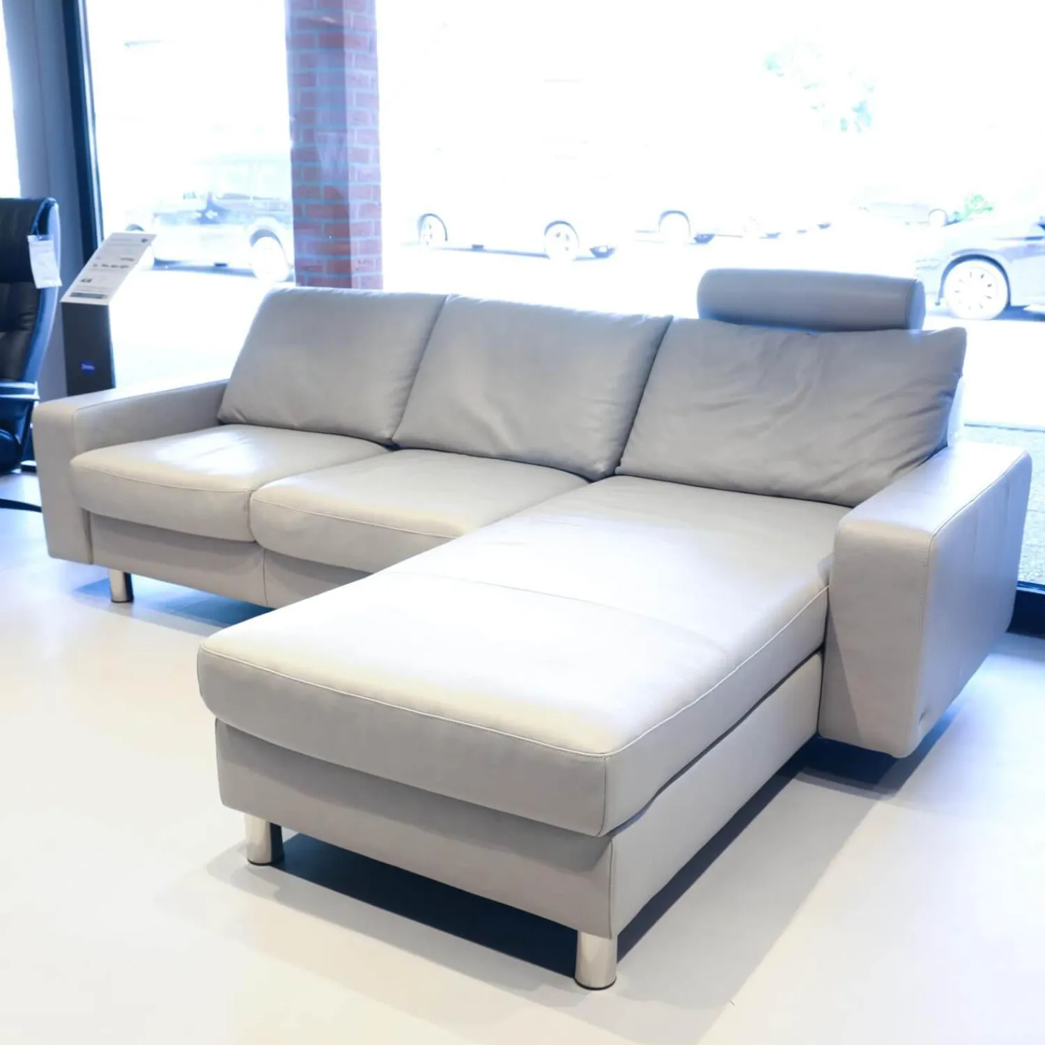 Stressless Ecksofas|Ecksofa Emma E 200 Leder Cori 091 Silver Cloud Hellgrau Fuß Edelstahl 011 Poliert