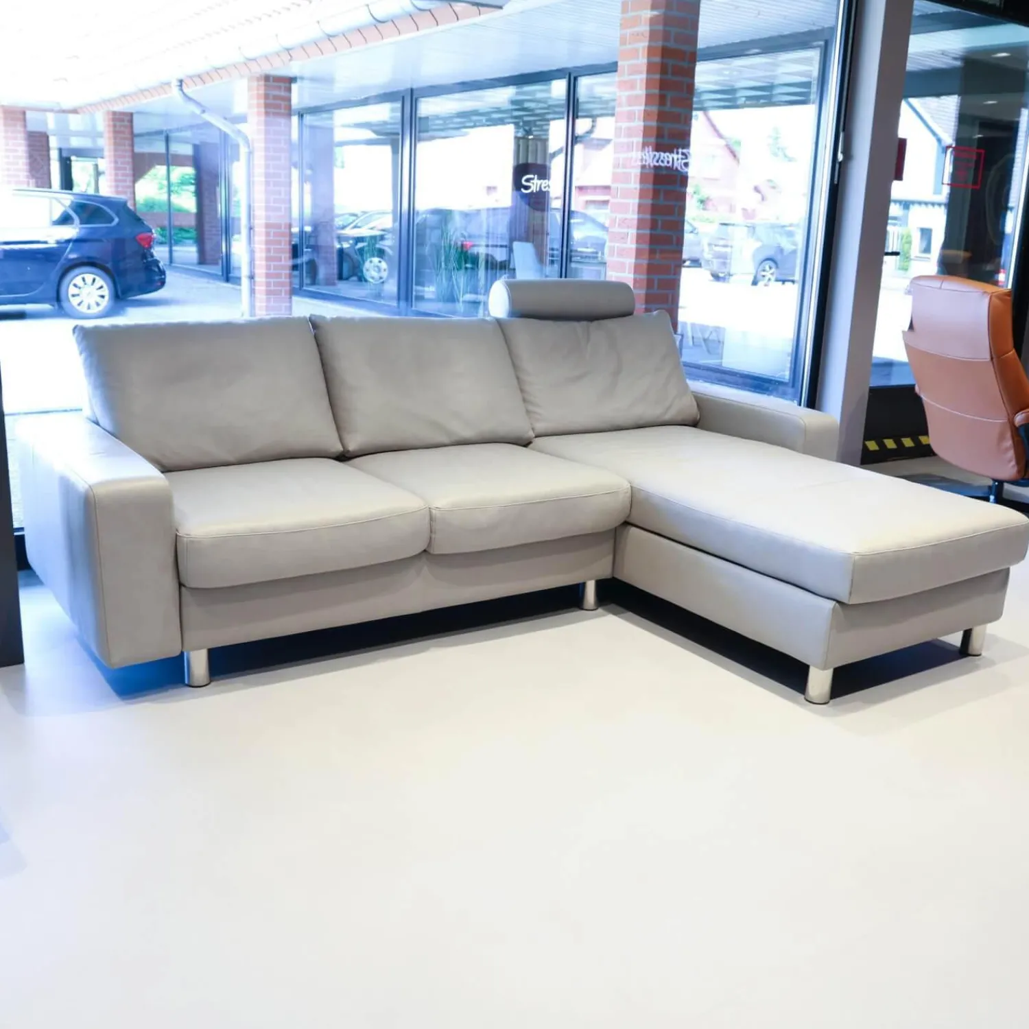 Stressless Ecksofas|Ecksofa Emma E 200 Leder Cori 091 Silver Cloud Hellgrau Fuß Edelstahl 011 Poliert