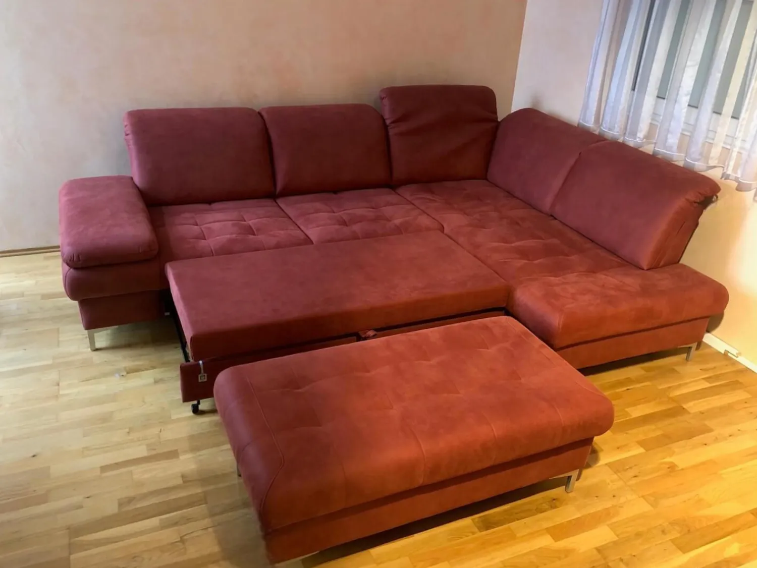 Dietsch Ecksofas|Ecksofa Family Relax 3 Stoff Deluxe Ziegel Rot Füße Metall Mit Bettauszug Inklusive Hocker