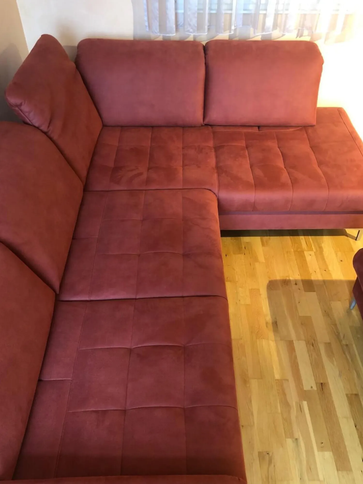 Dietsch Ecksofas|Ecksofa Family Relax 3 Stoff Deluxe Ziegel Rot Füße Metall Mit Bettauszug Inklusive Hocker