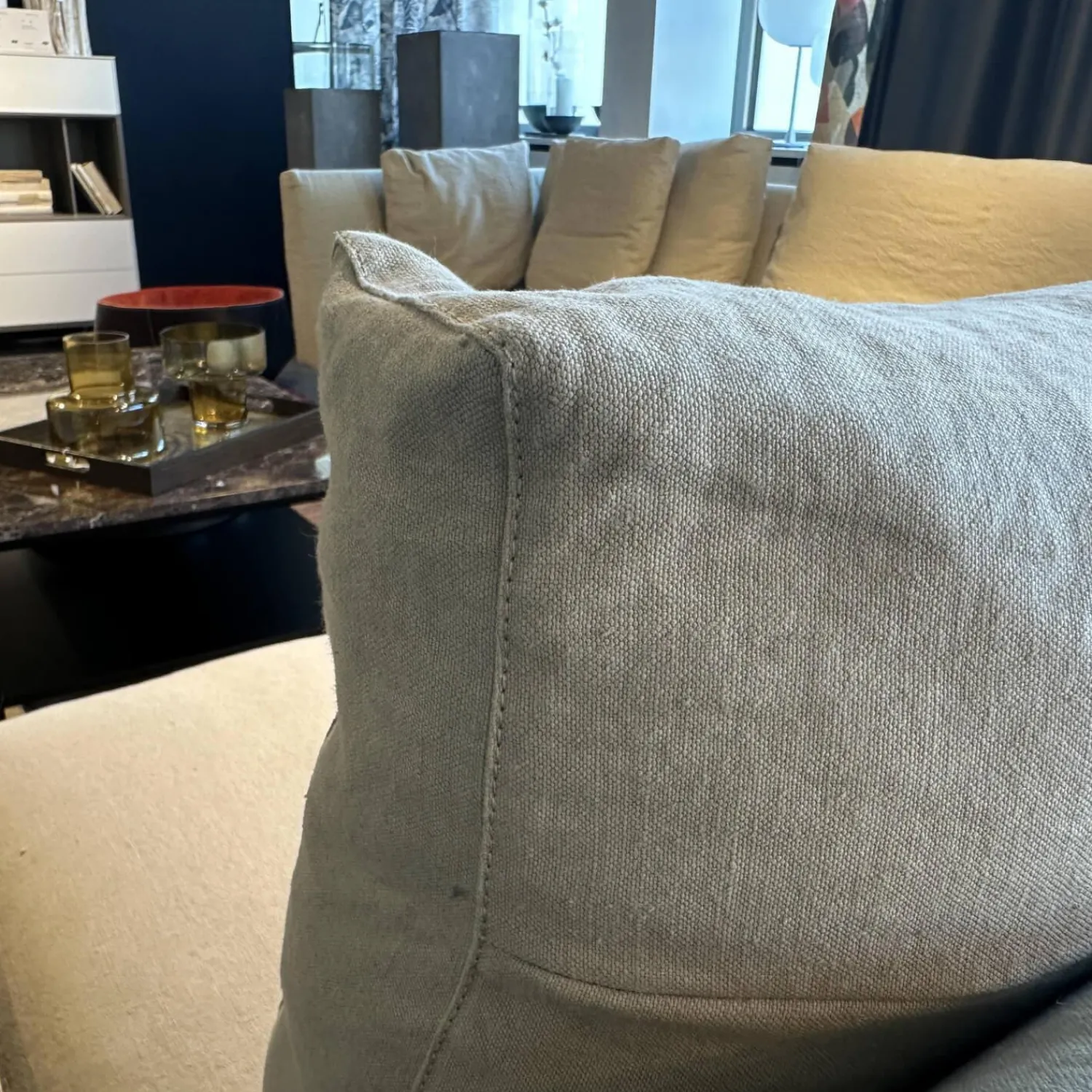 Walter Knoll Ecksofas|Ecksofa Grand Suite Stoff Lino 7706 Pearl Grau Beige Ablage Leder Saddle Coffee Braun