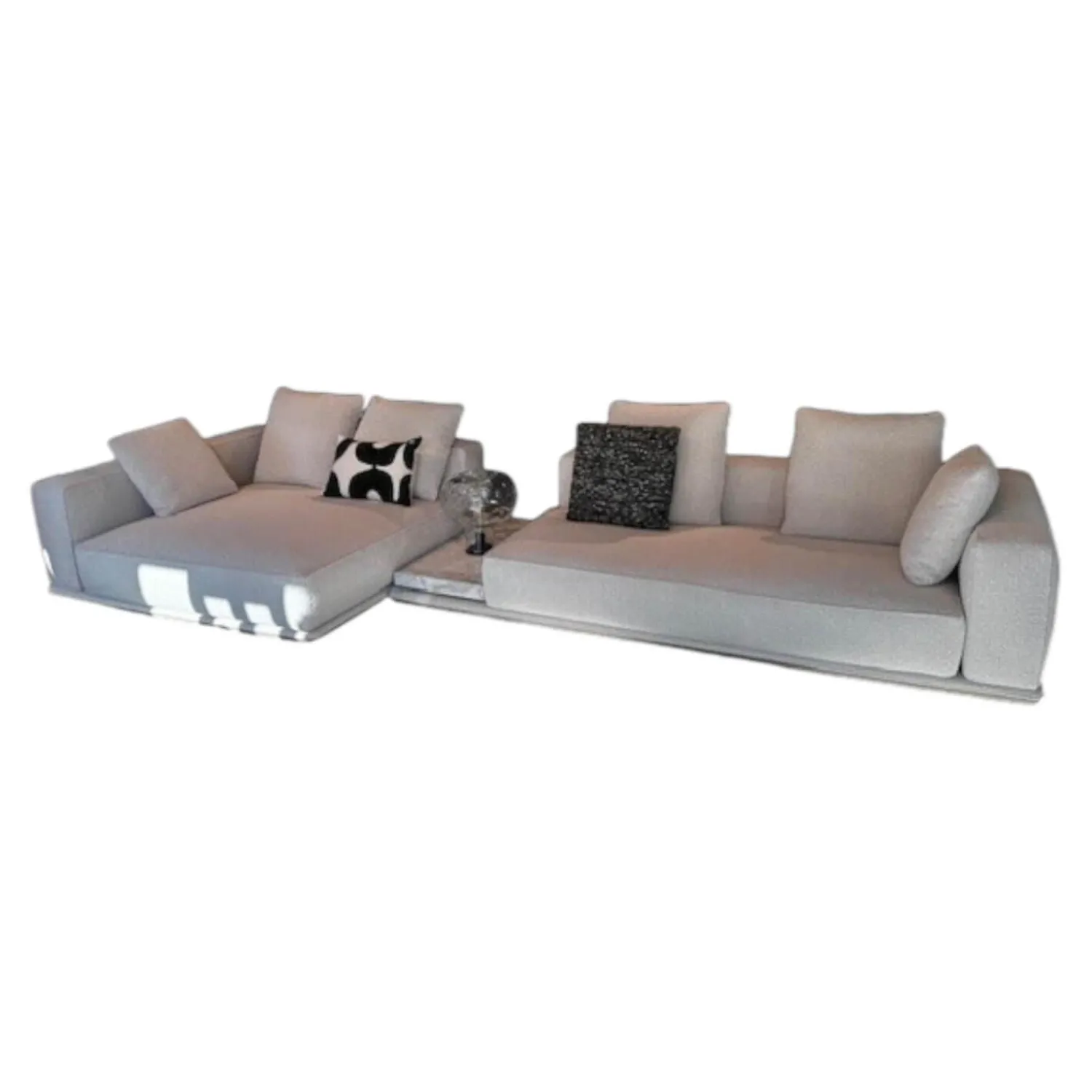 Minotti Ecksofas|Ecksofa Horizonte Stoff Brise 01 Naturale mit Zwischentisch in Calacatta Marmor