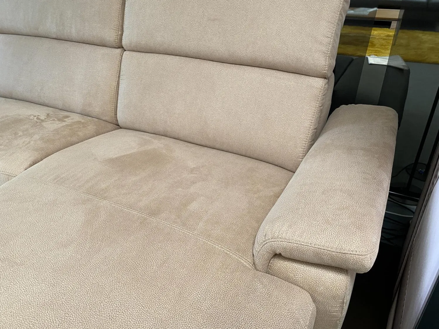 Polsteria Ecksofas|Ecksofa Krüger Stoff Mikrofaser Holiday Braun Holzfuß Eiche mit Armteilverstellung und Kopfteilverstellung