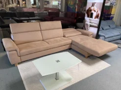 Polsteria Ecksofas|Ecksofa Krüger Stoff Mikrofaser Holiday Braun Holzfuß Eiche mit Armteilverstellung und Kopfteilverstellung