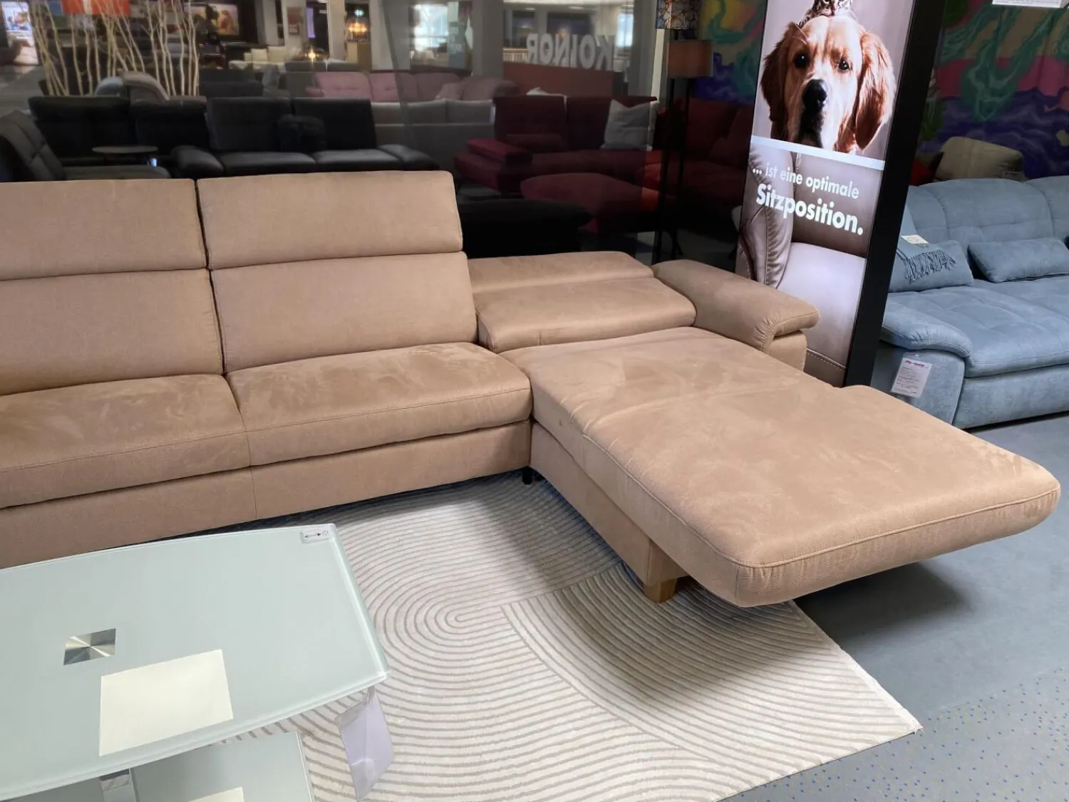 Polsteria Ecksofas|Ecksofa Krüger Stoff Mikrofaser Holiday Braun Holzfuß Eiche mit Armteilverstellung und Kopfteilverstellung