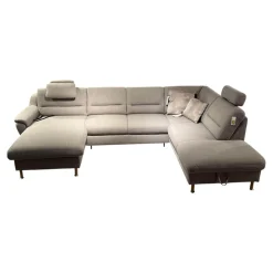 Polipol Ecksofas|Ecksofa Larus Stoff Fabiola Desert Grau Creme Gestell Stahl Füße Holz Lackiert Inklusive Elektrischer Liegefunktion 2 Kopfstützen Und 2 Kissen