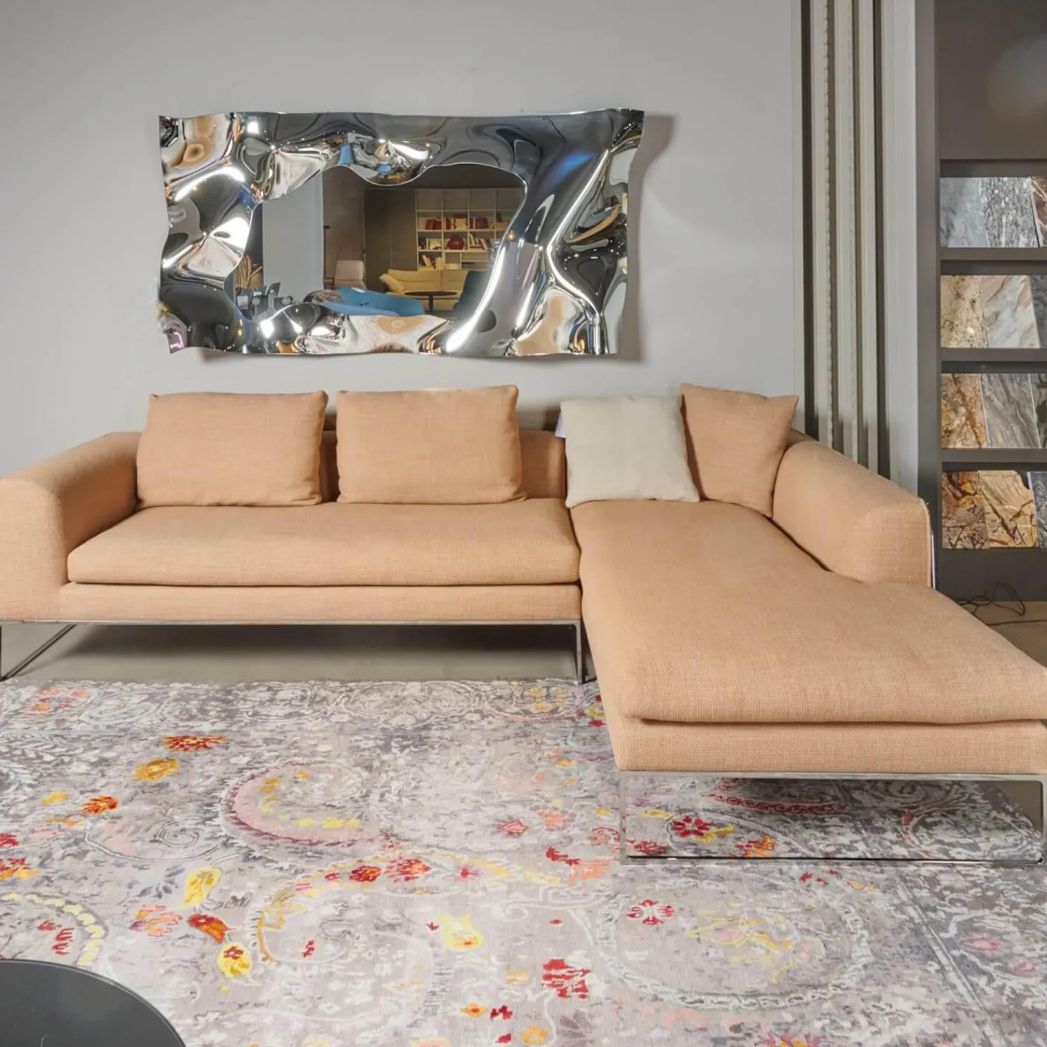 COR Ecksofas|Ecksofa Mell Lounge Stoff 8186 Aprikose Orange Beige Gestell Verchromt Inklusive Kissen