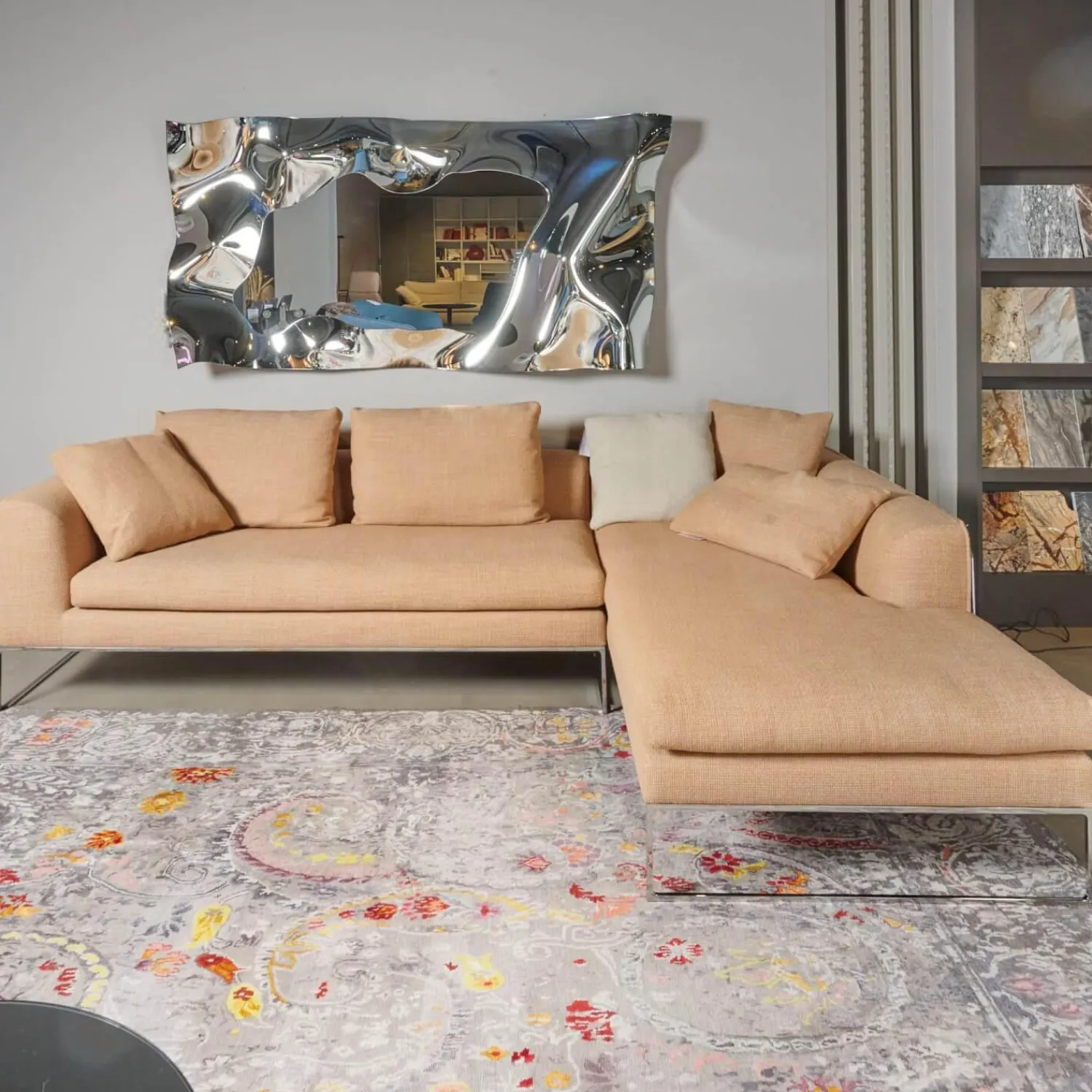 COR Ecksofas|Ecksofa Mell Lounge Stoff 8186 Aprikose Orange Beige Gestell Verchromt Inklusive Kissen