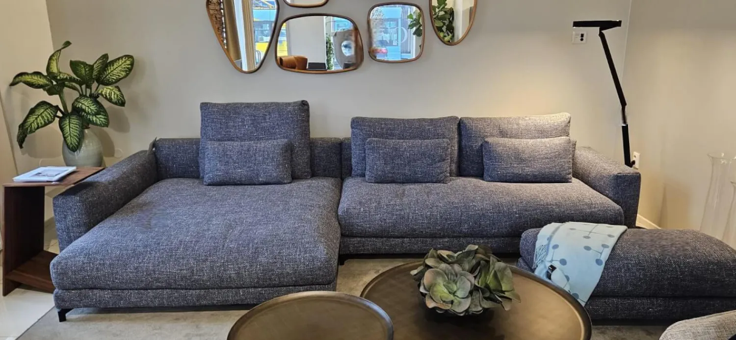 Rolf Benz Ecksofas|Ecksofa Nuvola Stoff 26.380 Schwarzblau Grau Blau Füße Stahl Schwarz Pulverbeschichtet Inklusive Hocker