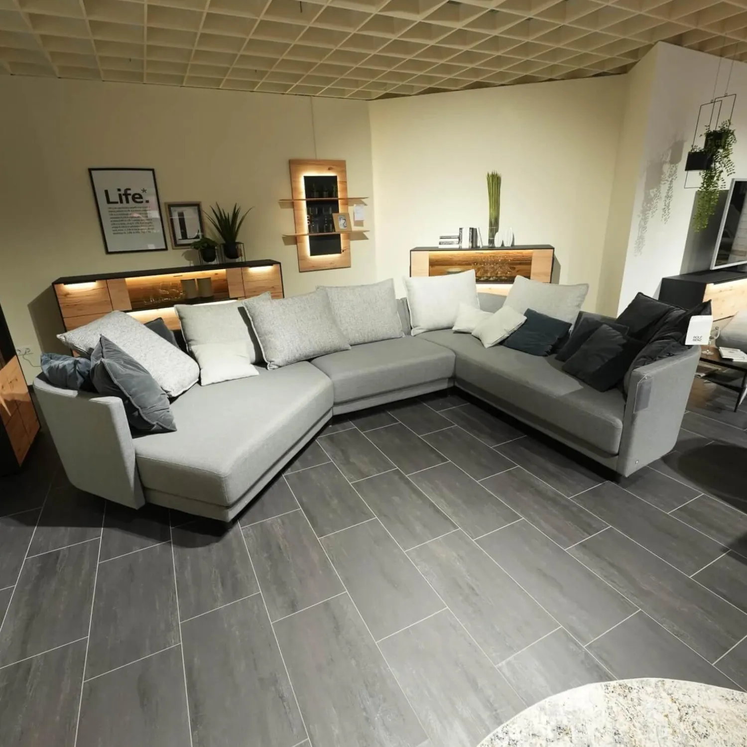 Rolf Benz Wohnlandschaften|Ecksofa Onda Stoff 14 164 Eisengrau Holzfuß Eiche Schwarz Gebeizt Inklusive Kissen