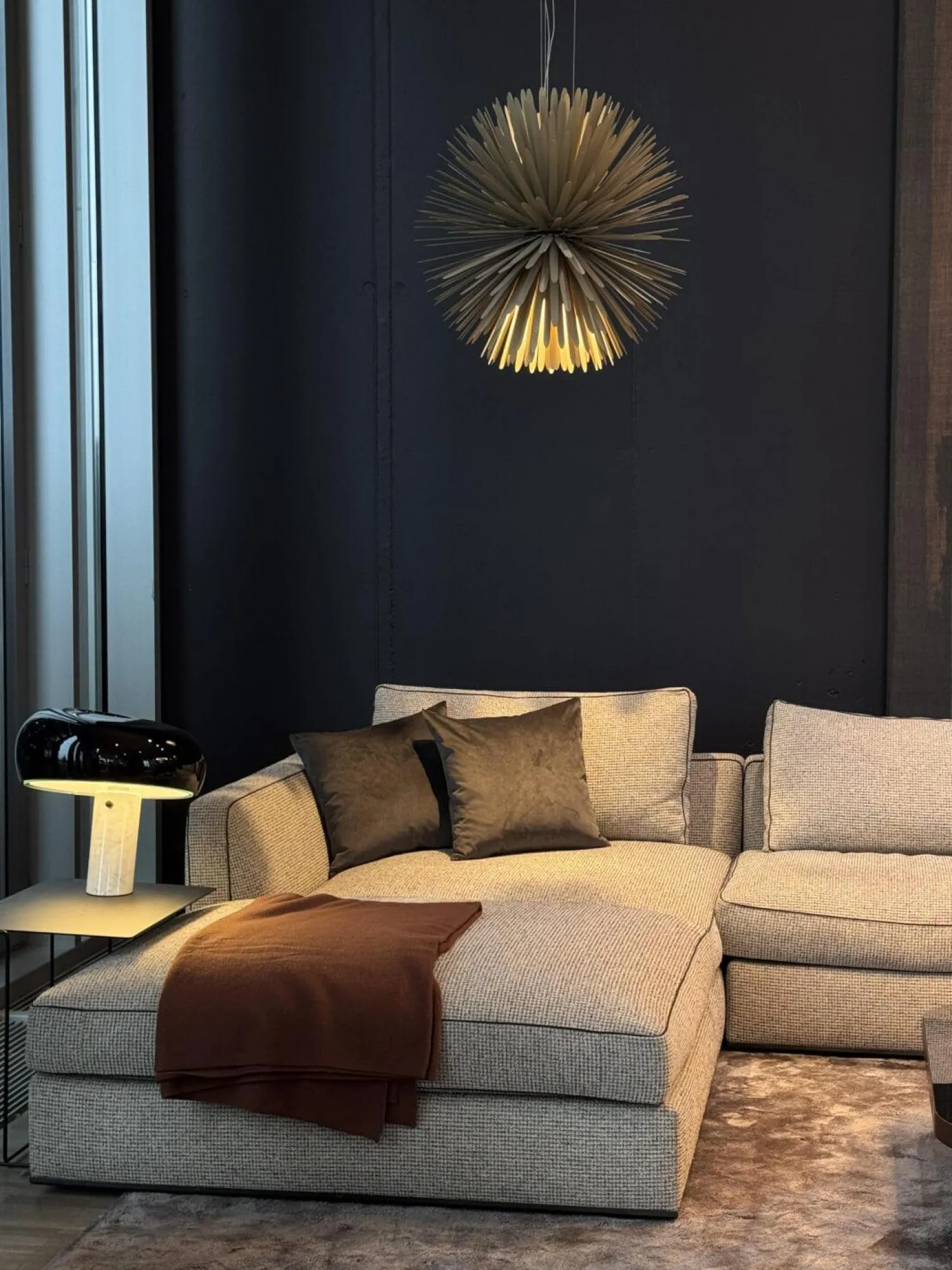 B&B Italia Ecksofas|Ecksofa Richard Stoff Lieso Pied De Poule Graun Und 315 Braun Profil Stoff Ballano Schiefer Füße Metall Schwarz Verchromt Und Lackiert Inklusive 3 Rückenkissen