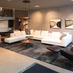 Minotti Ecksofas|Ecksofa Roger Suite Spring Stoff Natte 01 Bianco Beige Mit Kissen und Ablage aus Palisander