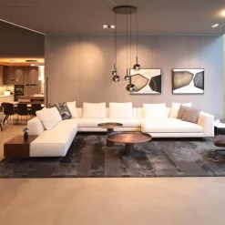 Minotti Ecksofas|Ecksofa Roger Suite Spring Stoff Natte 01 Bianco Beige Mit Kissen und Ablage aus Palisander