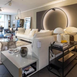 Minotti Wohnlandschaften|Ecksofa Roger Suite Spring Stoff Natte 01 Bianco Weiß Case Lackiert Ghiaccio mit gleichfarbigen Kissen