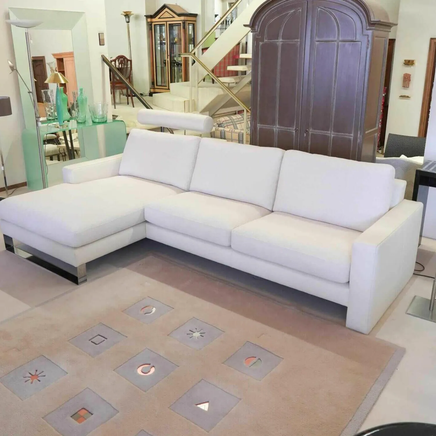 Machalke Ecksofas|Ecksofa System Plus Stoff Leder Weiß Kufe Chrom Mit Kopfstütze