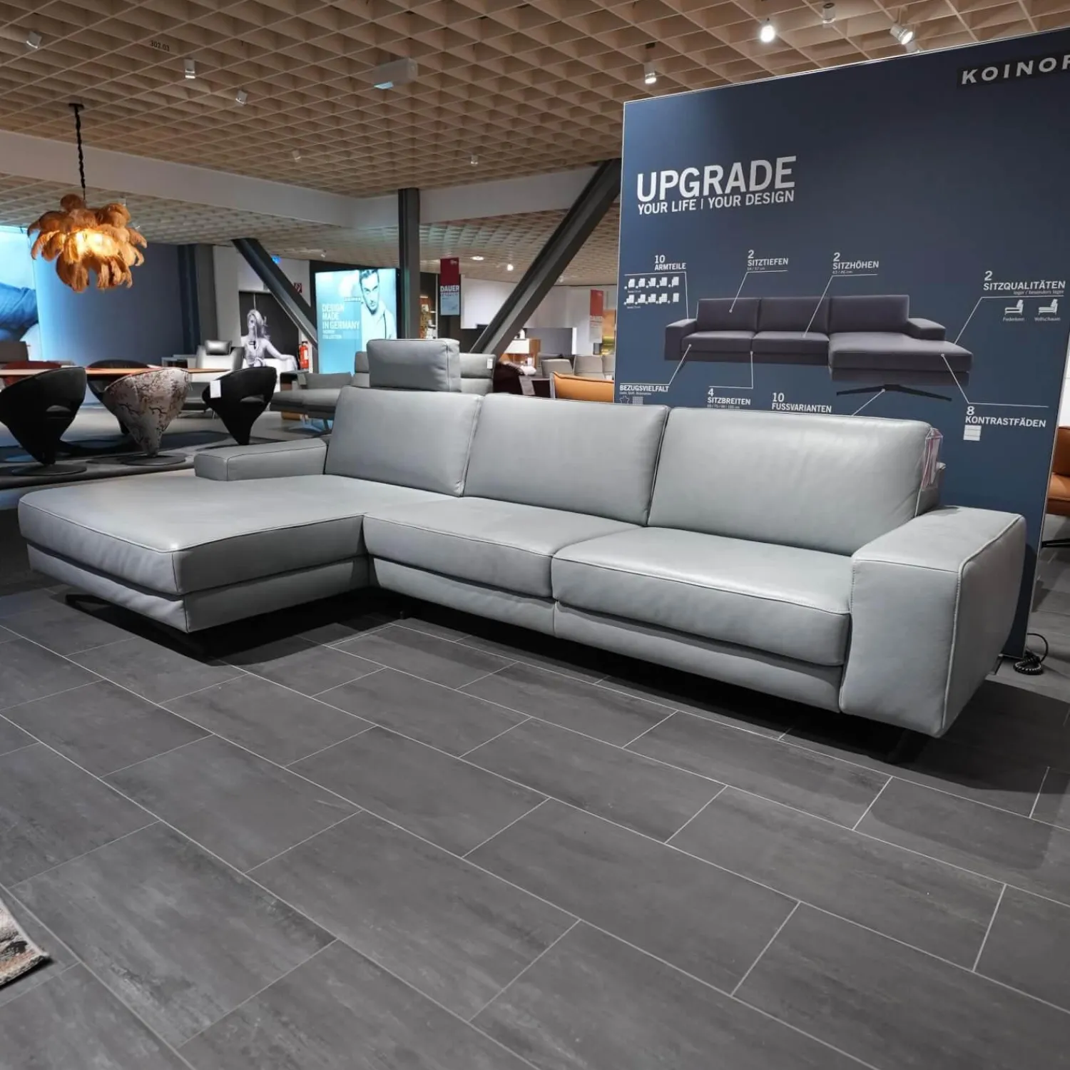 Koinor Ecksofas|Ecksofa Upgrade Leder B-Toro Colorado Faden 0321 Hellgrau