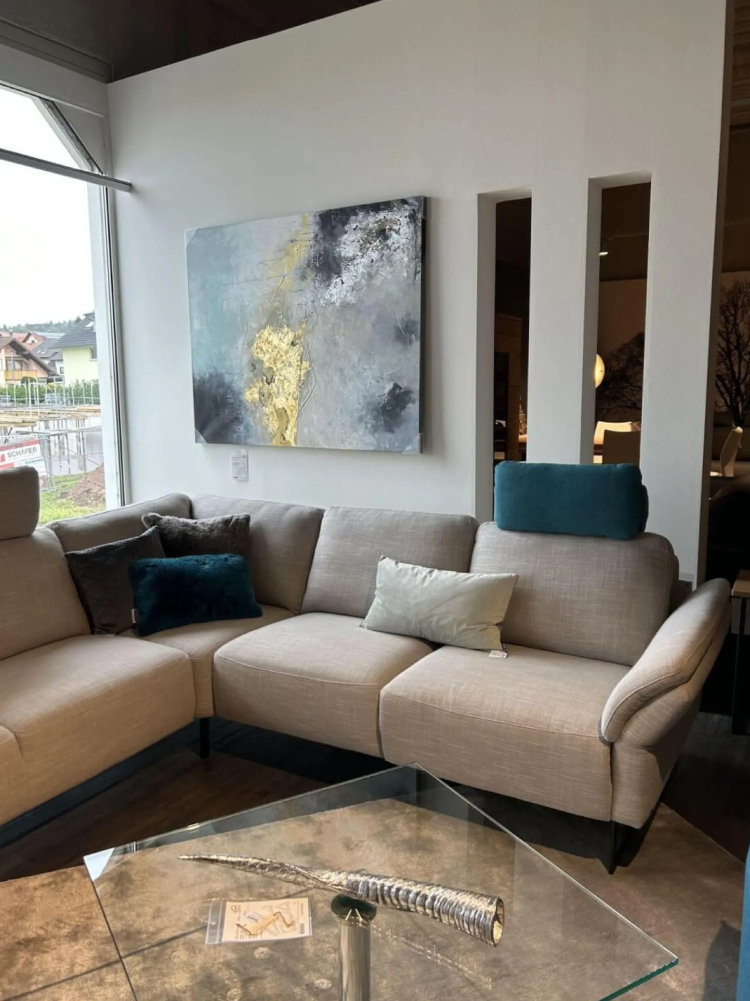 Activineo Ecksofas|Wohnlandschaften|Ecksofa Wohnlandschaft Barcley Stoff City IV 84 Clay Grau Metallfüße Schwarz Mit Klappbarer Armlehne