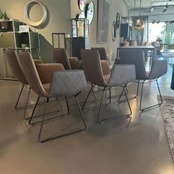 Freifrau Stuhlsets|6er Set Armlehnstuhl Amelie High Außen Leder Muscat Coffee Braun Grau Innen Stoff Harald 3 Braun Drahtgestell Tiefschwarz Schwarz