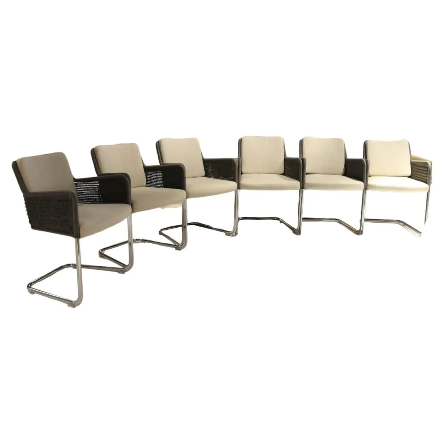 Tecta Stuhlsets|6-er Set Armlehnstuhl D43 Polstersitz Geflechtschale Taupe Grau Gestell Stahlrohr Verchromt Tube Aplati