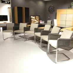 Tecta Stuhlsets|6-er Set Armlehnstuhl D43 Polstersitz Geflechtschale Taupe Grau Gestell Stahlrohr Verchromt Tube Aplati