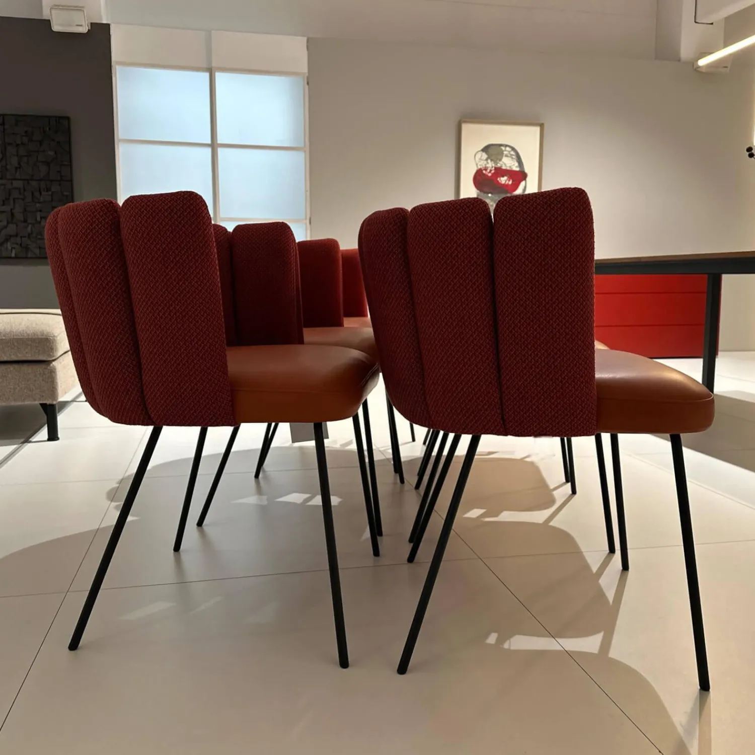 KFF Stuhlsets|6er Set Armlehnstuhl Gaia Rücken Stoff Rohi Cleo Lampion Rot Orange Sitz Leder Sauvage Terracotta Rot Gestell Schwarz