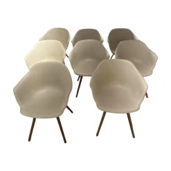 Cattelan Italia Stuhlsets|8er Set Armlehnstuhl Indy Schale Polyurethan Lino Beige Gestell Buche Gebeizt