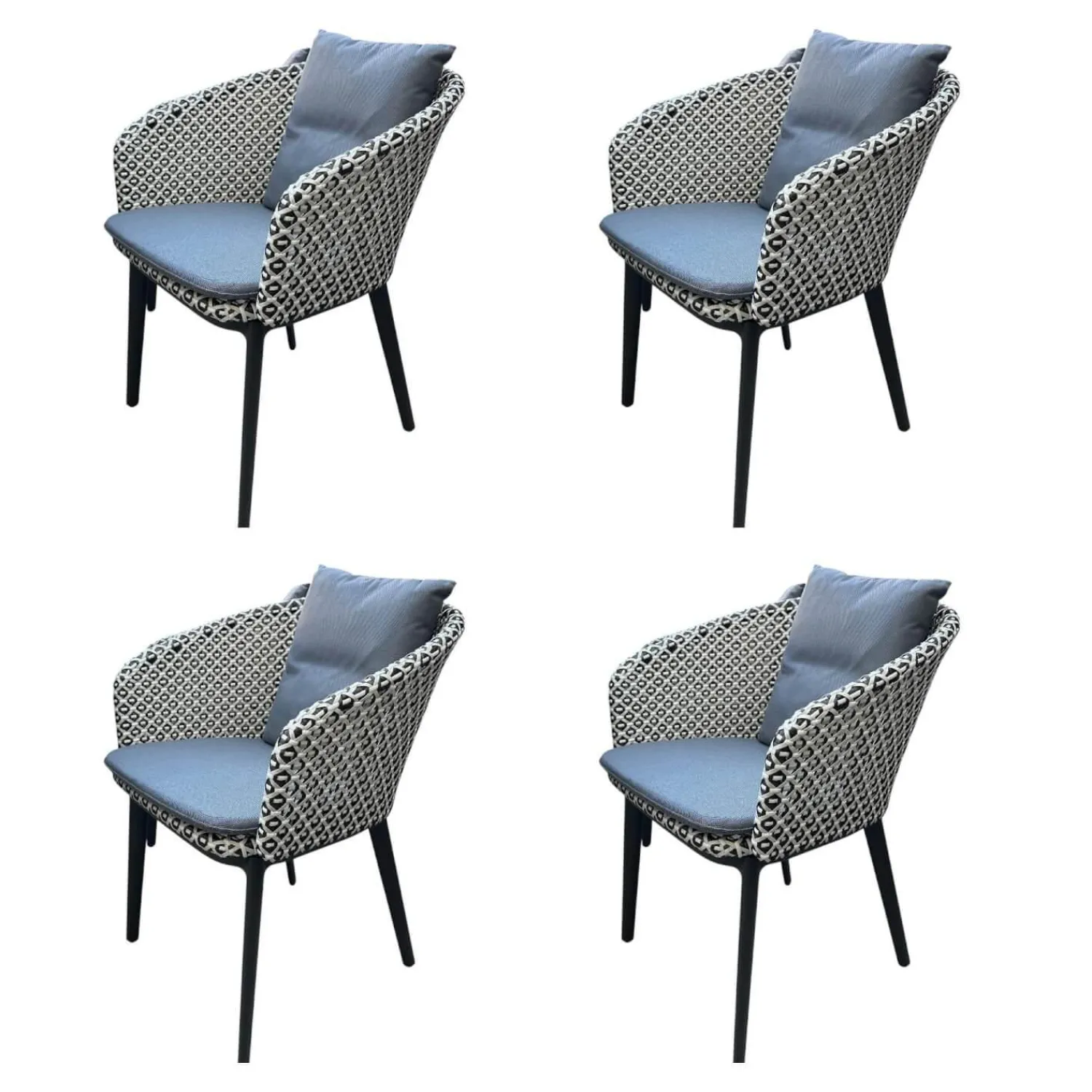 DEDON Essgruppen|4er Set Armlehnstuhl MBrace Rücken Fasergeflecht Pepper Weiß Schwarz Gestell Aluminium Schwarz Mit Sitzkissen