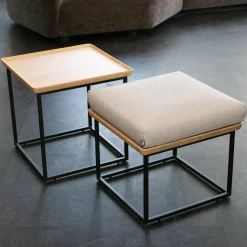 Rolf Benz Couchtische|2-er Set Couchtisch Tischplatte Massiv Eiche Farblos Lackiert Gestell Stahl Lack Matt Verkehrsschwarz RAL 9017 ohne Kissen