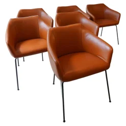 Kebe Stuhlsets|6er Set Esszimmerstuhl Leder Farbe Haselnuss Beine Metall Schwarz Lackiert