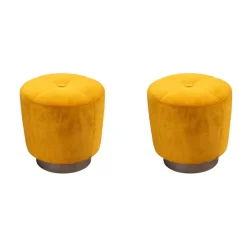 Minotti Hocker & Sitzsäcke|2er Set Hocker Jacques Stoff Hunt Gelb Sockel Metall Bronzefarbig Lackiert