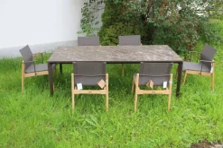 Gloster Gartenstühle|6er Set Outdoor Stuhl Sway Bespannung Java Sepia Natural Grau Rahmen Teakholz Mit Pulverbeschichtetem Aluminium Und Edelstahl Ohne Tisch