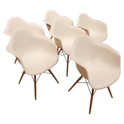 Vitra Stuhlsets|6er Set Stuhl Eames Plastic Armchair DAW Polypropylen Weiß Holzuntergestell Ahorn Gelblich Mit Verstrebungen