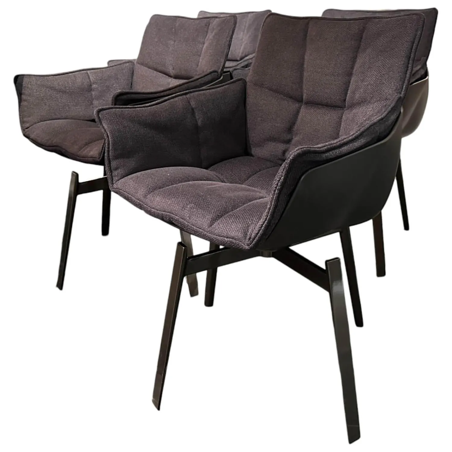 B&B Italia Stuhlsets|4-er Set Stuhl Husk Stoff Serle Grau Blau Schale Polyurethanharz Anthrazit Gestell Schwarz Verchromt Lackiert