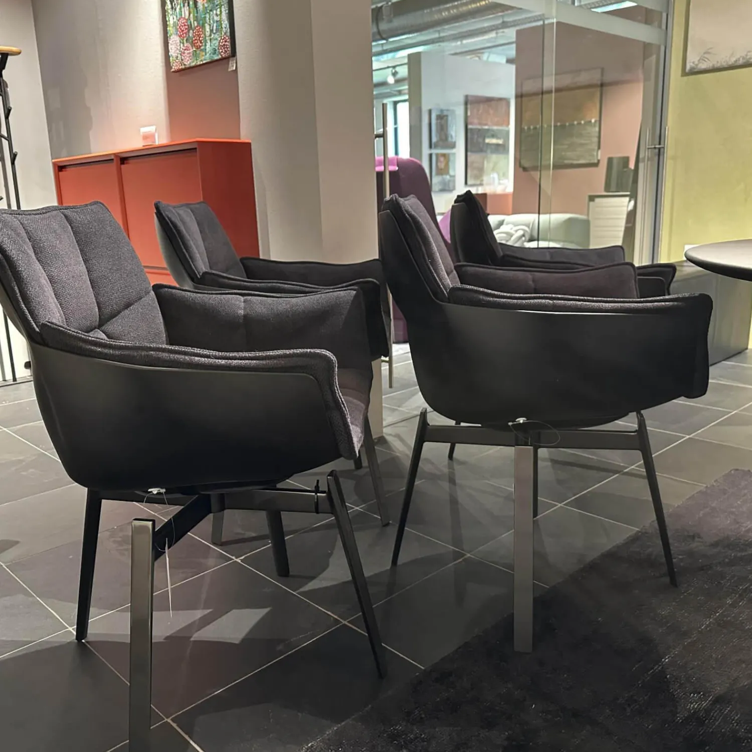 B&B Italia Stuhlsets|4-er Set Stuhl Husk Stoff Serle Grau Blau Schale Polyurethanharz Anthrazit Gestell Schwarz Verchromt Lackiert