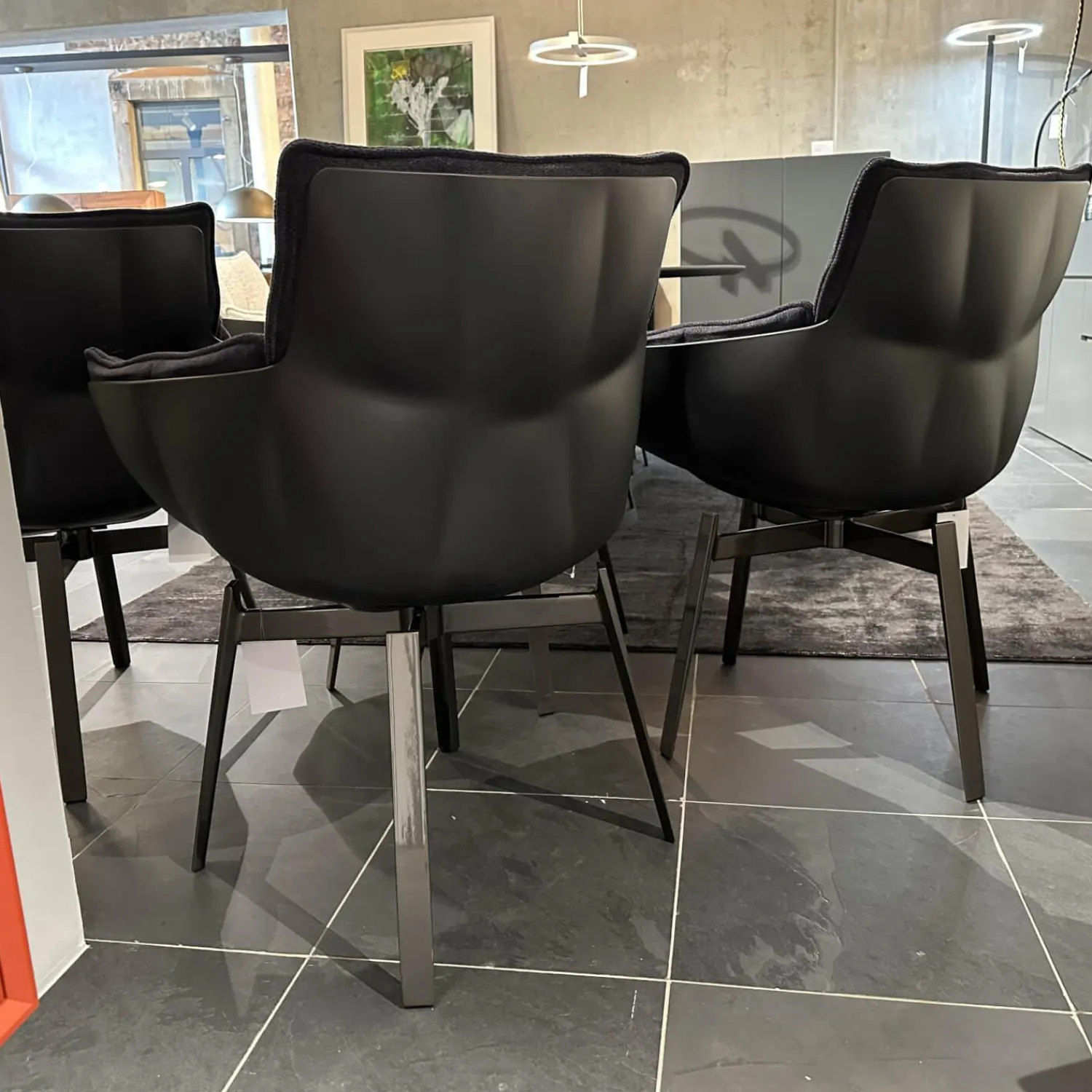 B&B Italia Stuhlsets|4-er Set Stuhl Husk Stoff Serle Grau Blau Schale Polyurethanharz Anthrazit Gestell Schwarz Verchromt Lackiert