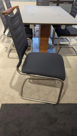 Venjakob Stuhlsets|6er Set Stuhl Lilli Stoff Tritex Titan Blau Kopfstück Nussbaum Gölt Gestell Edelstahloptik Poliert