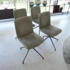 Riva1920 Stuhlsets|4er Set Stuhl Materia Soft Leder Nabuk Nubuk 104 Salvia Grau Aluminiumgestell Base Irondust Schwarz Drehbar