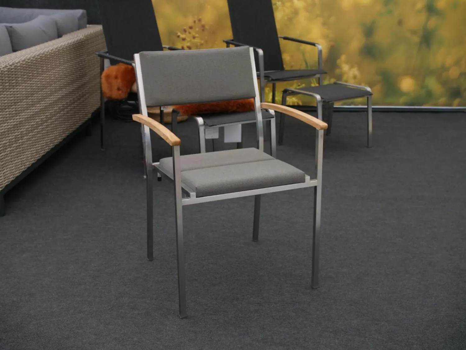 Zebra Gartenstühle|8er Set Stuhl Quadux Stoff Sunbrella Smoke 7001 Gestell Edelstahl