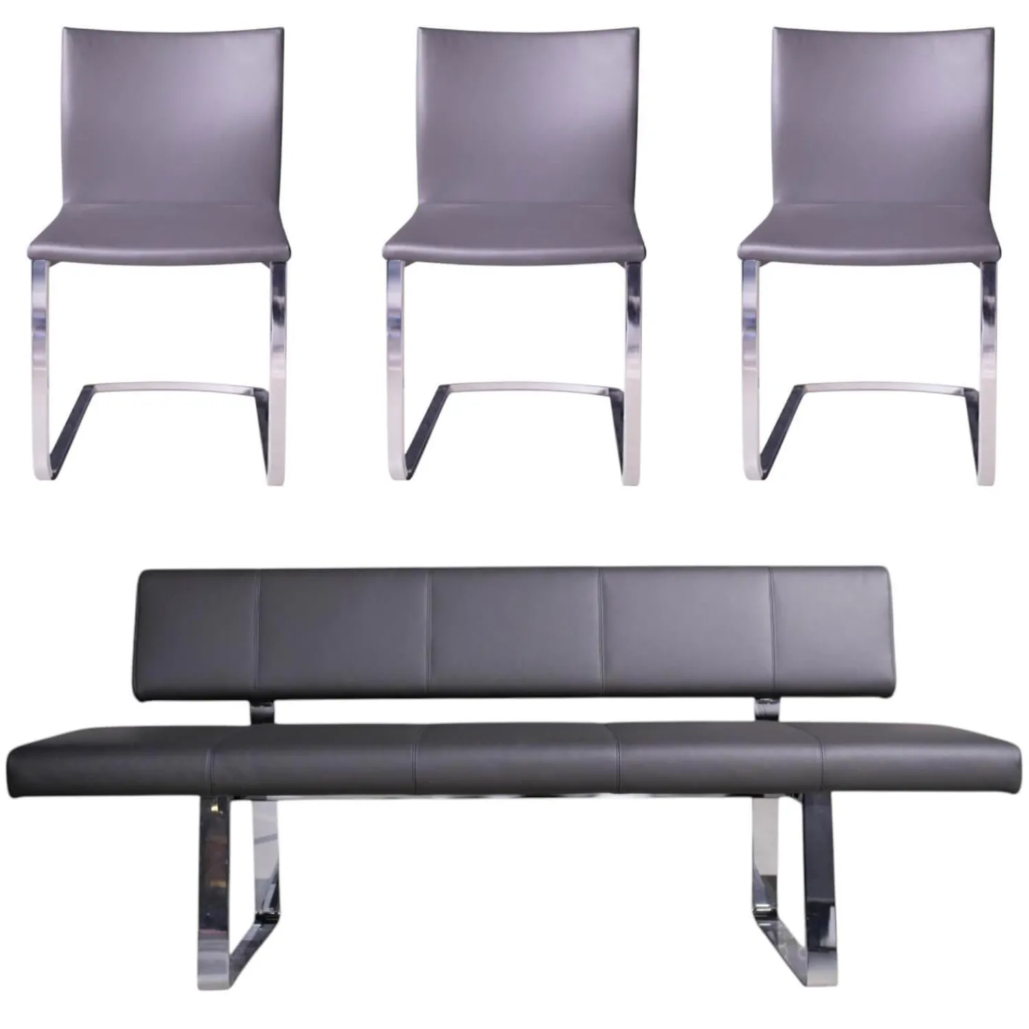 Bacher Stuhlsets|3er Set Stuhl Und Essbank Mirado Leder 1024 Anthrazit Gestell Flachstahl Verchromt