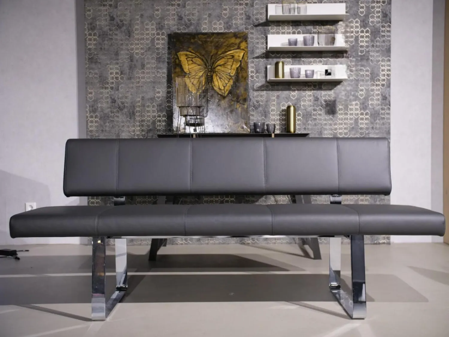 Bacher Stuhlsets|3er Set Stuhl Und Essbank Mirado Leder 1024 Anthrazit Gestell Flachstahl Verchromt