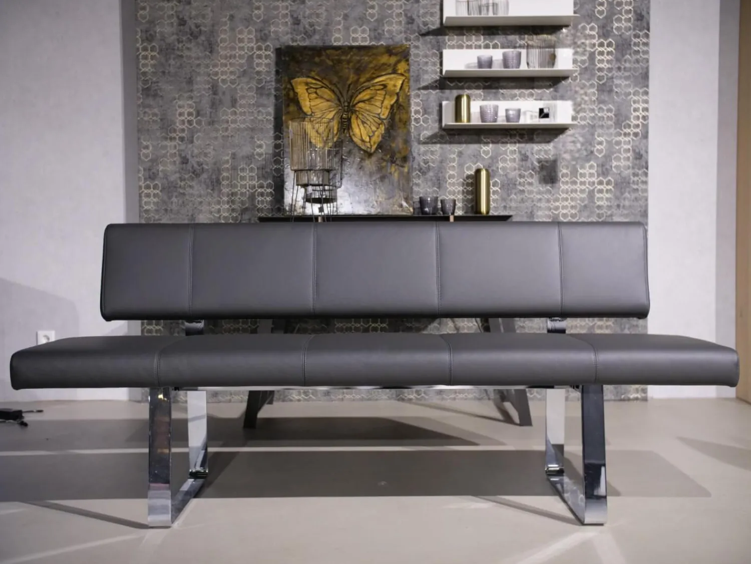 Bacher Stuhlsets|3er Set Stuhl Und Essbank Mirado Leder 1024 Anthrazit Gestell Flachstahl Verchromt