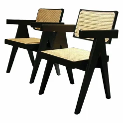 Cassina Stuhlsets|2er-Ser Stuhl Office Chair 051 Spanisches Rohrgeflecht Gestell Massivholz Eiche Schwarz
