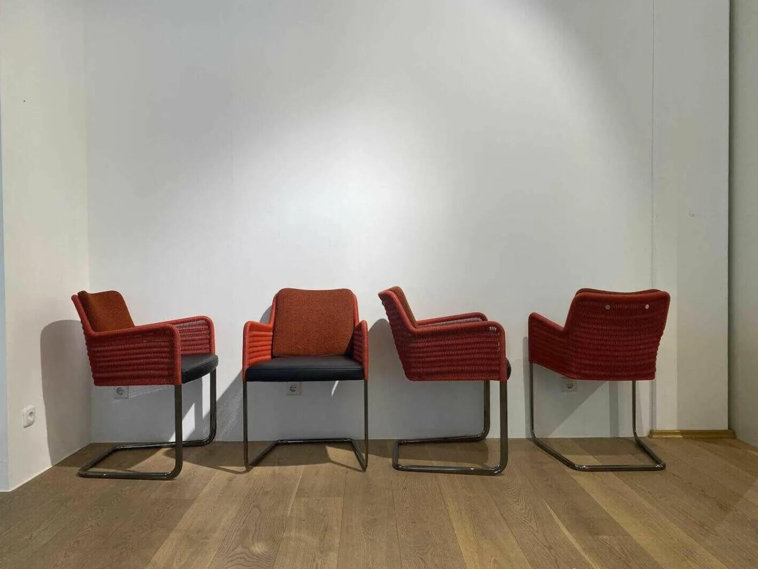 Tecta Stuhlsets|4er-Set Armlehnstuhl D43 Geflecht Rot Sitzkissen Leder Rückenkissen Stoff