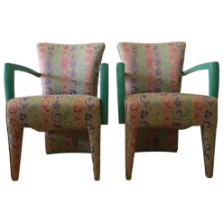 Luxus Stuhlsets|2er-Set Armlehnstuhl Extra Stoff Mehrfarbig Lack Hochglanz Grün