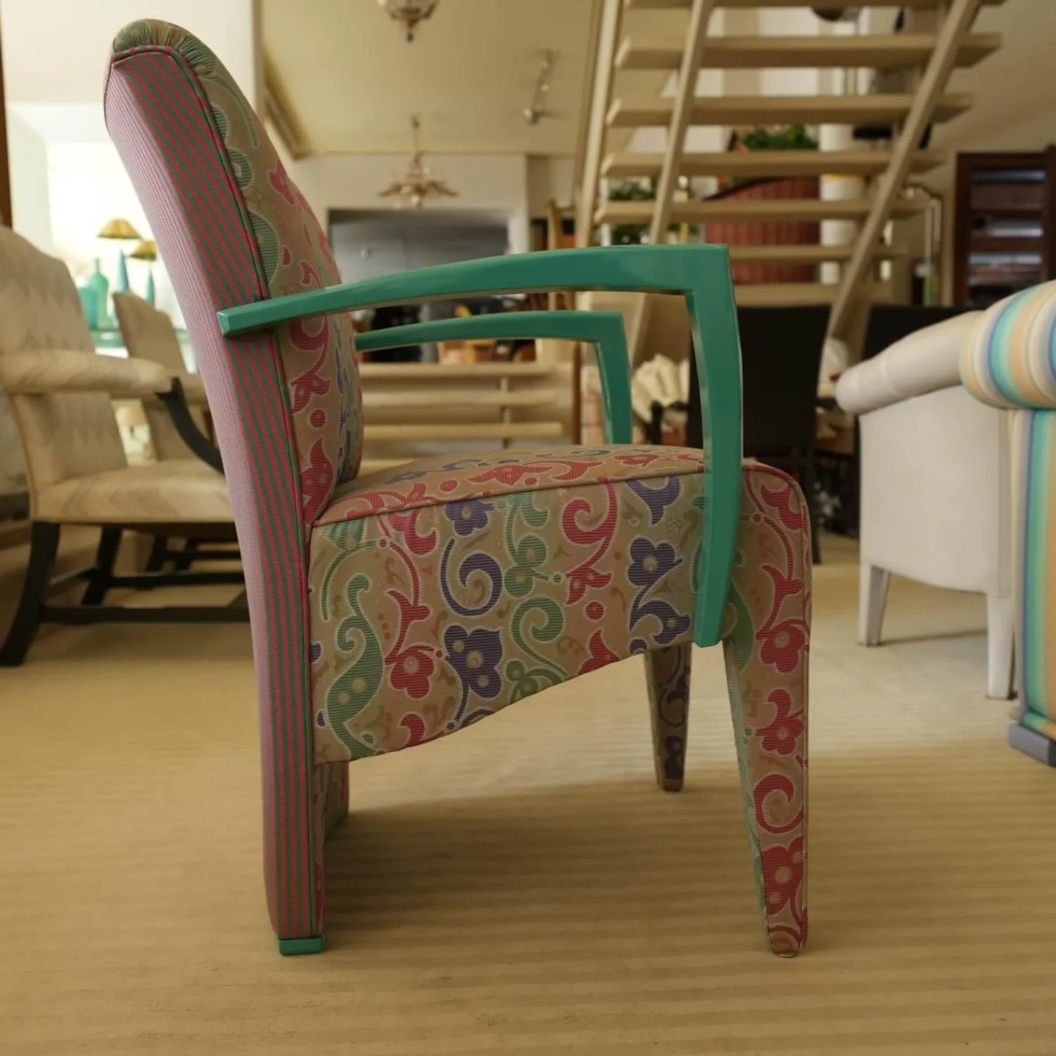 Luxus Stuhlsets|2er-Set Armlehnstuhl Extra Stoff Mehrfarbig Lack Hochglanz Grün