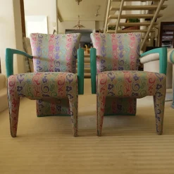 Luxus Stuhlsets|2er-Set Armlehnstuhl Extra Stoff Mehrfarbig Lack Hochglanz Grün