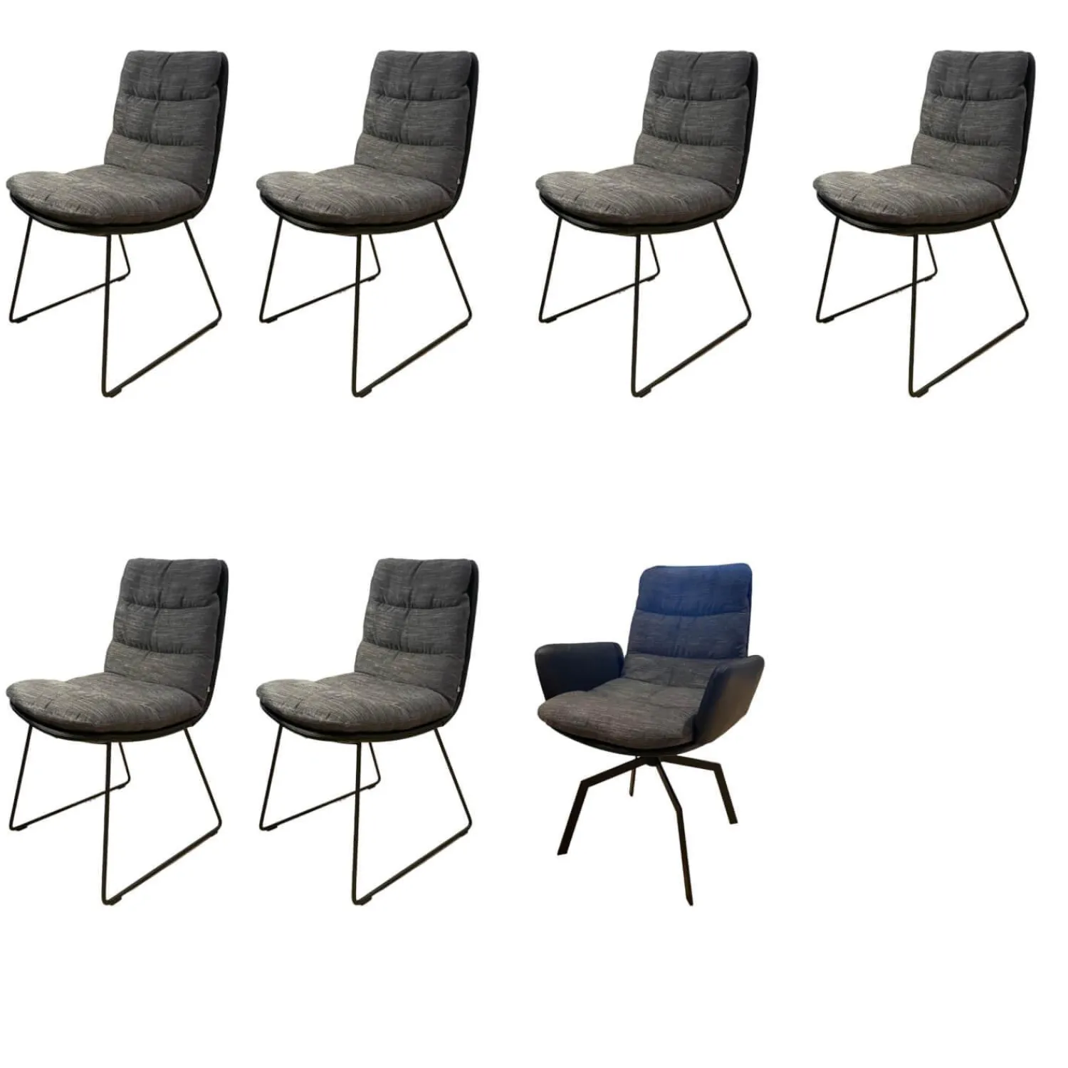 KFF Stuhlsets|7er-Set Stuhl Arva Rücken Leder Milano Schwarz Sitz Stoff Danubio Dunkelgrau